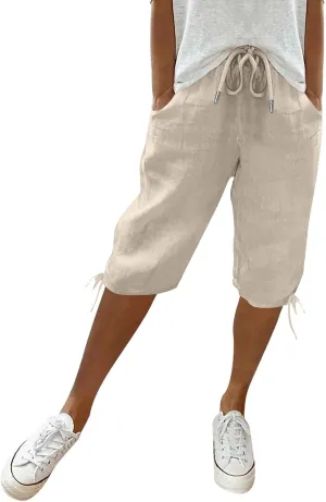 Cotton Linen Shorts for Women Summer Casual Knee Length Bermuda Shorts Drawstring Elastic Waist Shorts with Pockets