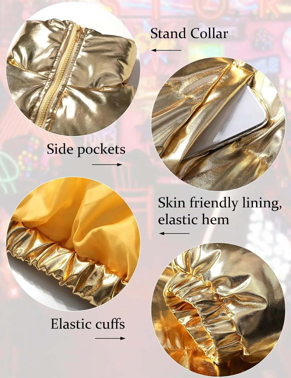COZYPOIN Women's Metallic Shiny Cropped Puffer Jacket Long Sleeve y2k Zip Up Padded Down Short Coat Outerwear