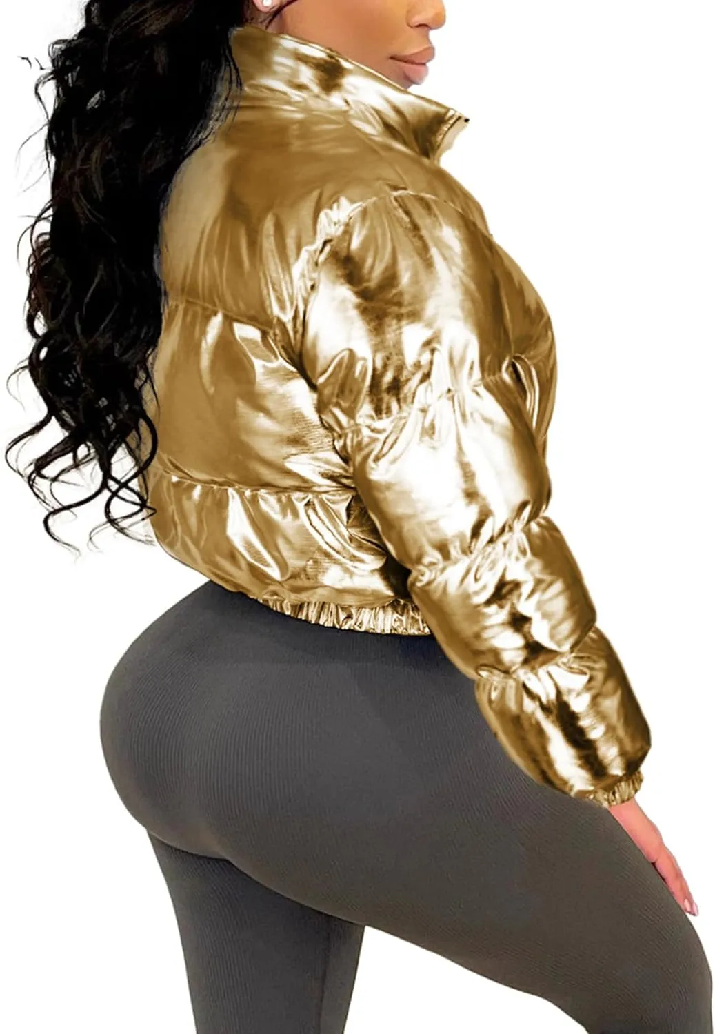 COZYPOIN Women's Metallic Shiny Cropped Puffer Jacket Long Sleeve y2k Zip Up Padded Down Short Coat Outerwear