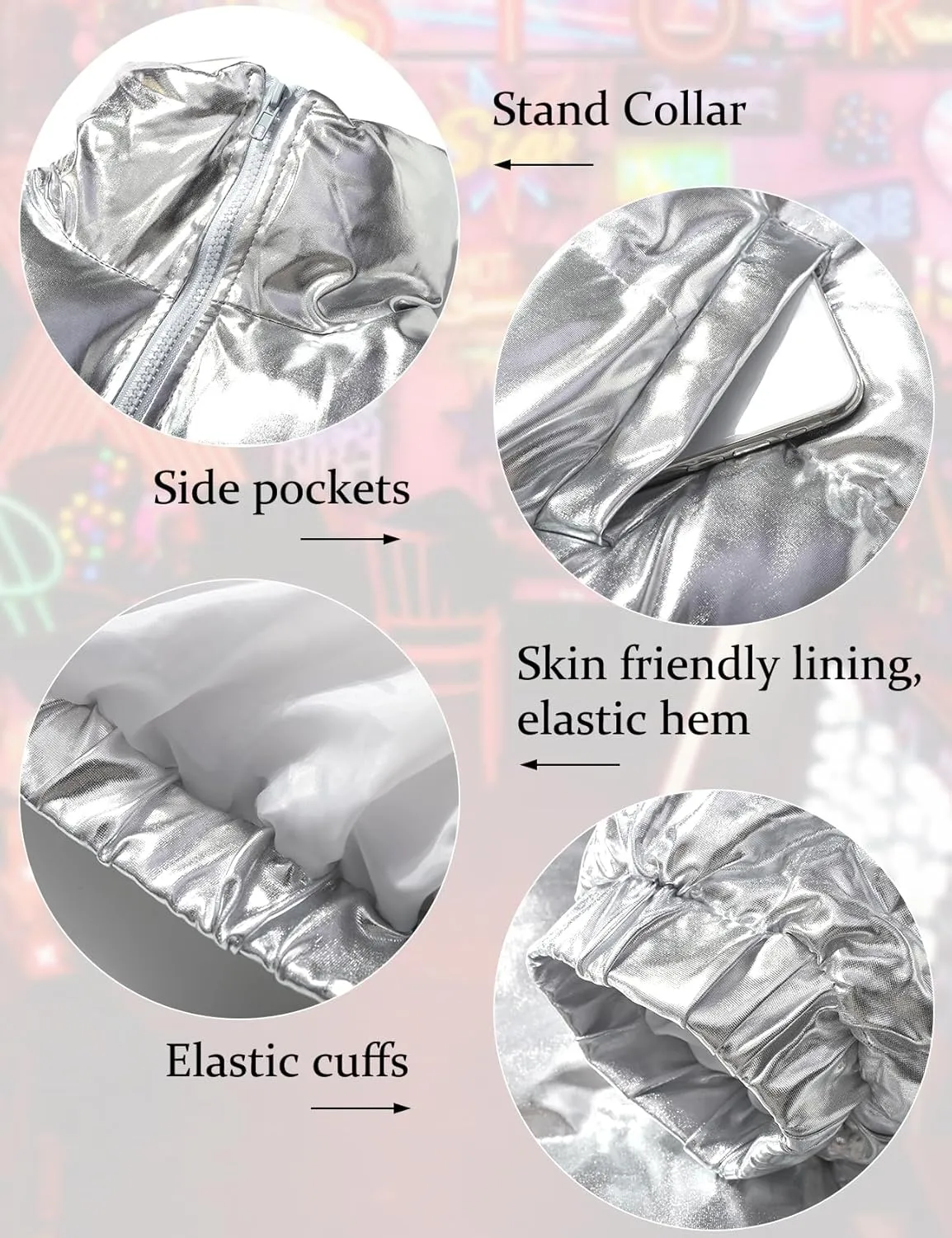 COZYPOIN Women's Metallic Shiny Cropped Puffer Jacket Long Sleeve y2k Zip Up Padded Down Short Coat Outerwear