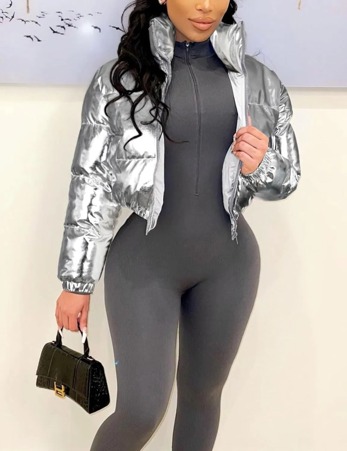 COZYPOIN Women's Metallic Shiny Cropped Puffer Jacket Long Sleeve y2k Zip Up Padded Down Short Coat Outerwear