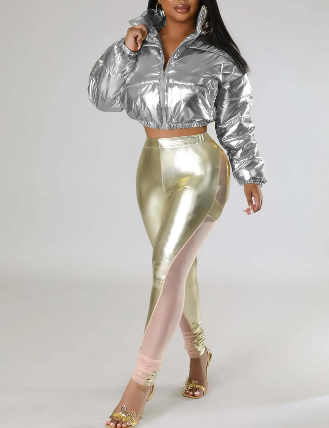 COZYPOIN Women's Metallic Shiny Cropped Puffer Jacket Long Sleeve y2k Zip Up Padded Down Short Coat Outerwear