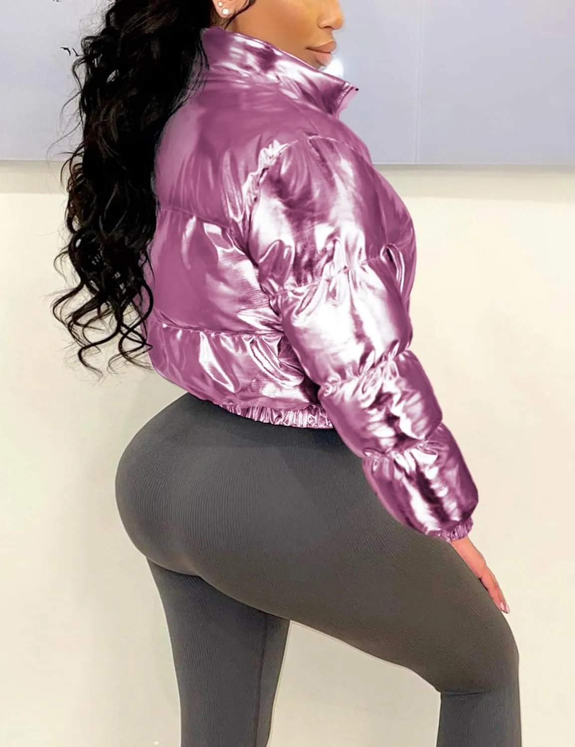 COZYPOIN Women's Metallic Shiny Cropped Puffer Jacket Long Sleeve y2k Zip Up Padded Down Short Coat Outerwear
