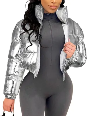 COZYPOIN Women's Metallic Shiny Cropped Puffer Jacket Long Sleeve y2k Zip Up Padded Down Short Coat Outerwear