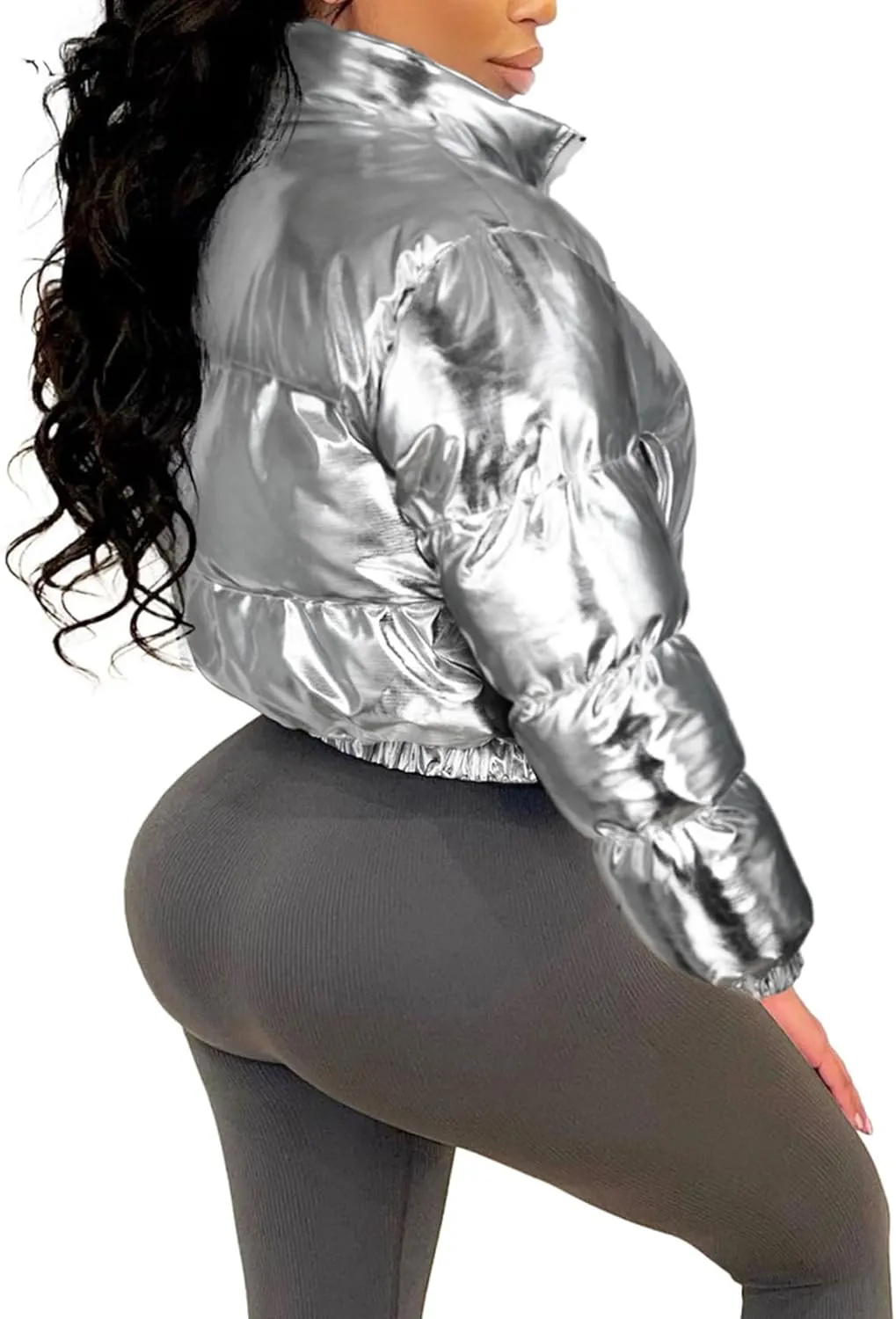 COZYPOIN Women's Metallic Shiny Cropped Puffer Jacket Long Sleeve y2k Zip Up Padded Down Short Coat Outerwear