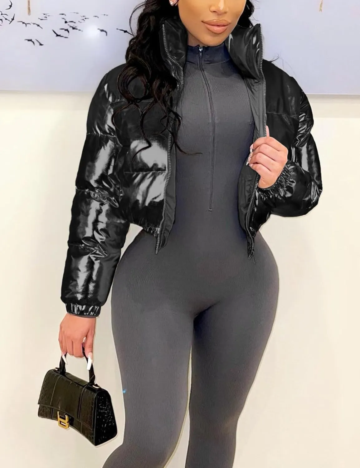 COZYPOIN Women's Metallic Shiny Cropped Puffer Jacket Long Sleeve y2k Zip Up Padded Down Short Coat Outerwear