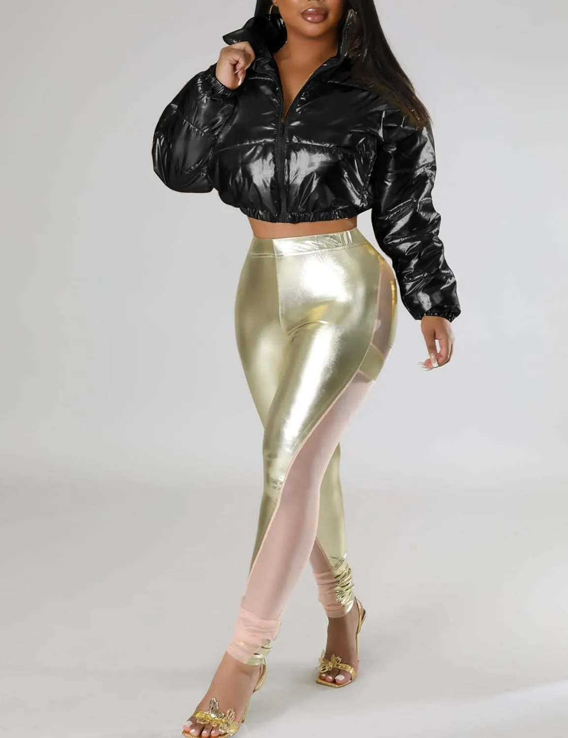 COZYPOIN Women's Metallic Shiny Cropped Puffer Jacket Long Sleeve y2k Zip Up Padded Down Short Coat Outerwear