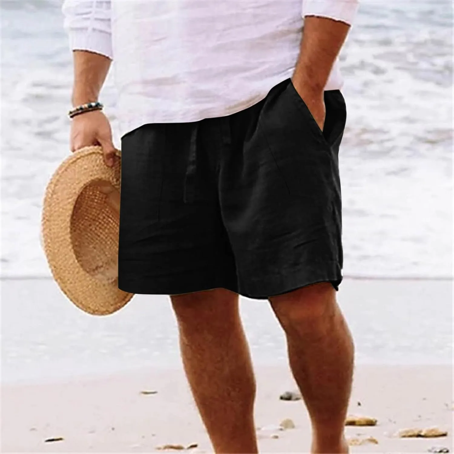 CRNTCEM Mens Lightweight Cotton Linen Shorts Drawstring Summer Travel Beach Shorts Loose Outdoor Casual Sports Golf Shorts