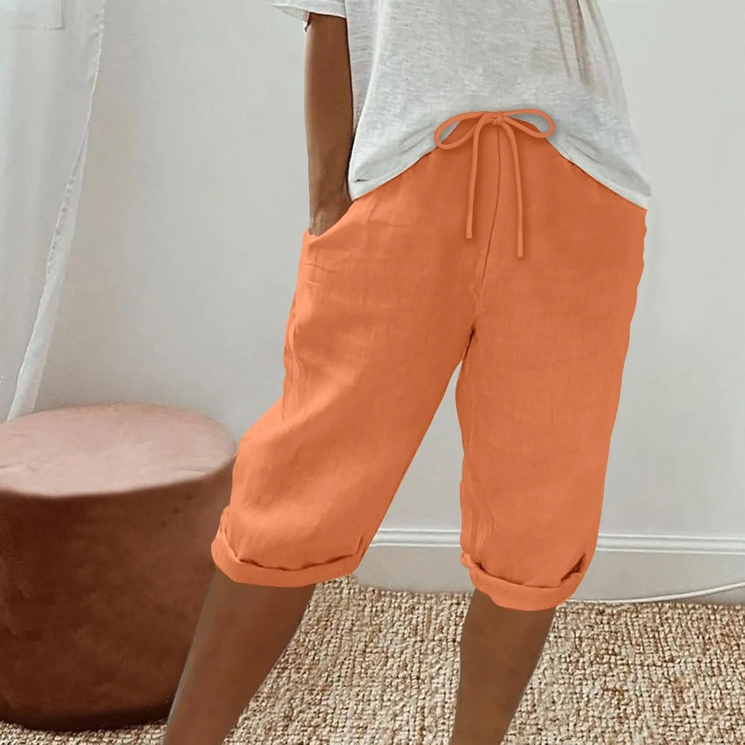 DDAPJ pyju Linen Bermuda Shorts for Women Summer Casual High Waisted Shorts Loose Drawstring Waist Beach Shorts with Pockets