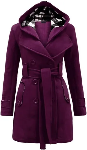 Double Breasted Trench Coats for Women 2024 Winter Wool Blend Lining Peacoats Mid-Length Hooded Jackets with Belt