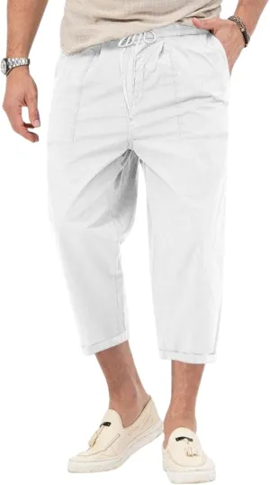 evzosrz Mens Capri Pants Cargo Shorts 3/4 Capri Long Shorts Twill Elastic Below Knee Drawstring Elastic Beach Yoga Pants