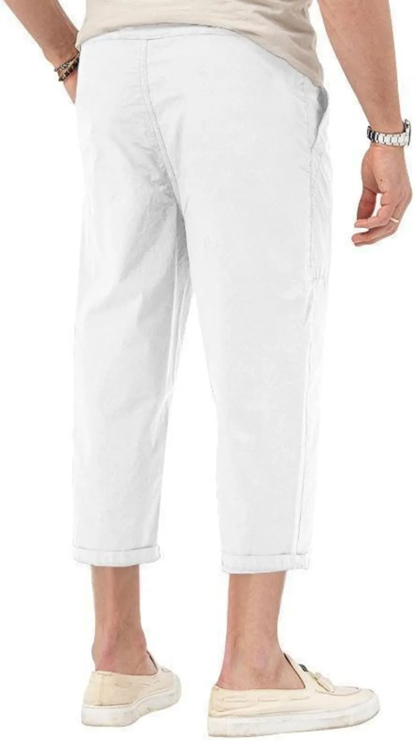 evzosrz Mens Capri Pants Cargo Shorts 3/4 Capri Long Shorts Twill Elastic Below Knee Drawstring Elastic Beach Yoga Pants
