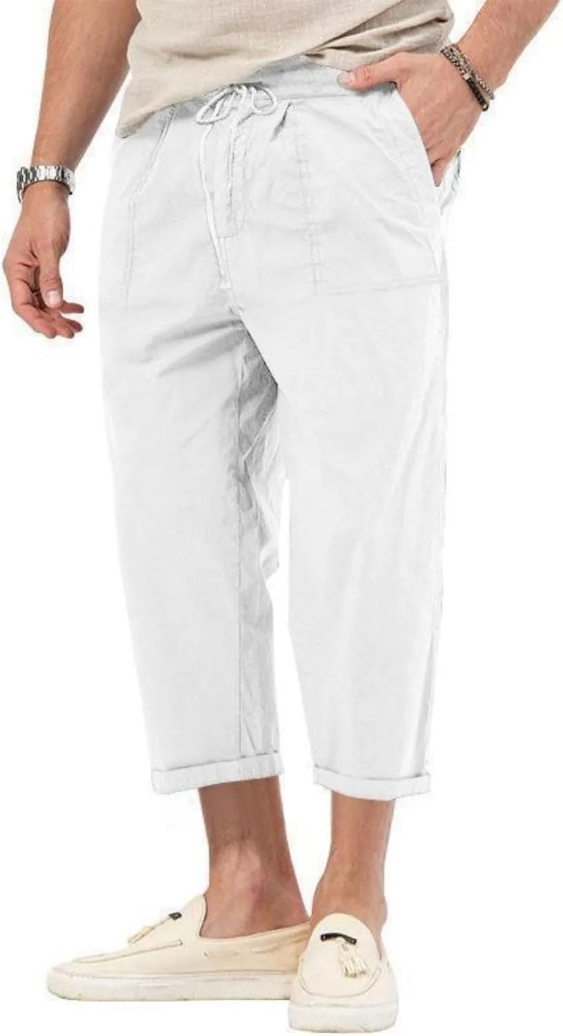 evzosrz Mens Capri Pants Cargo Shorts 3/4 Capri Long Shorts Twill Elastic Below Knee Drawstring Elastic Beach Yoga Pants