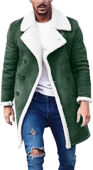 evzosrz Mens Casual Sherpa Faux Suede Fur Polar Fleece Lined Jackets Winter Warm Collar Long Trench Coats Lapel Cardigan