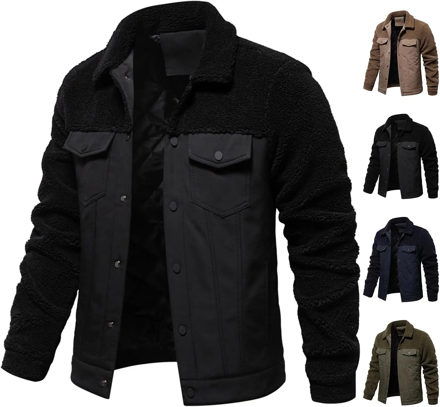evzosrz Men's Winter Jacket Sherpa Lined Fleece Trucker Jackets Thick Thermal Warm Coat Lapel Work Cargo Jackets for Men