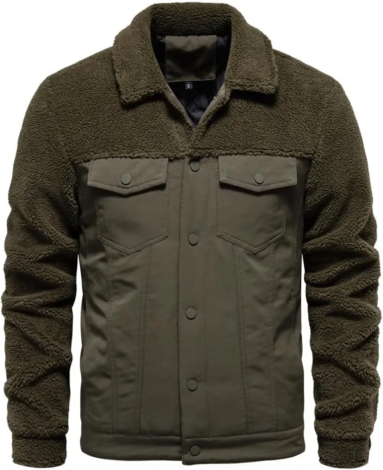 evzosrz Men's Winter Jacket Sherpa Lined Fleece Trucker Jackets Thick Thermal Warm Coat Lapel Work Cargo Jackets for Men