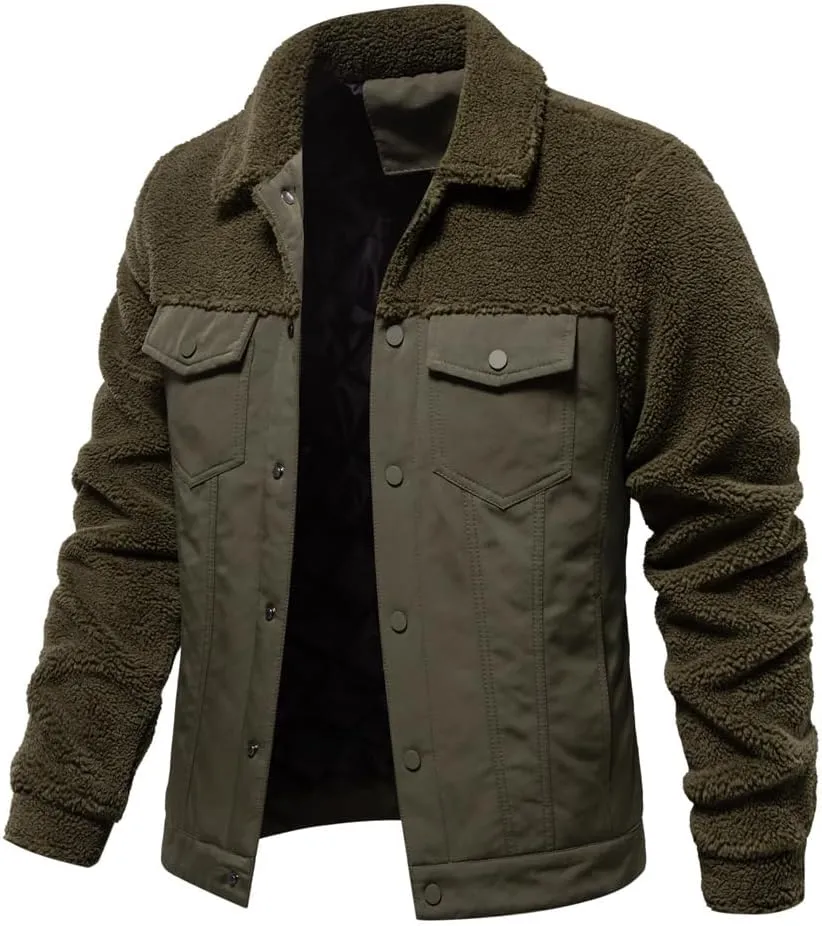 evzosrz Men's Winter Jacket Sherpa Lined Fleece Trucker Jackets Thick Thermal Warm Coat Lapel Work Cargo Jackets for Men