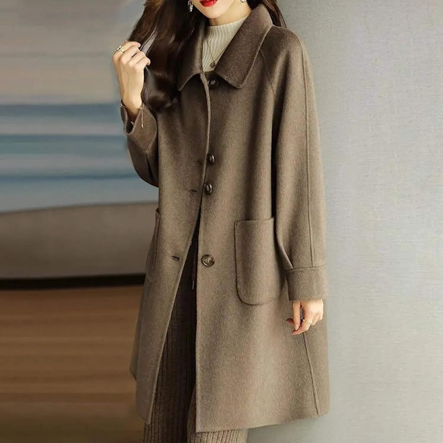 Fall Trench Coat for Women, Mid Long Outerwear Windproof Classic Solid Overcoat Casual Slim Outdoor Jackets