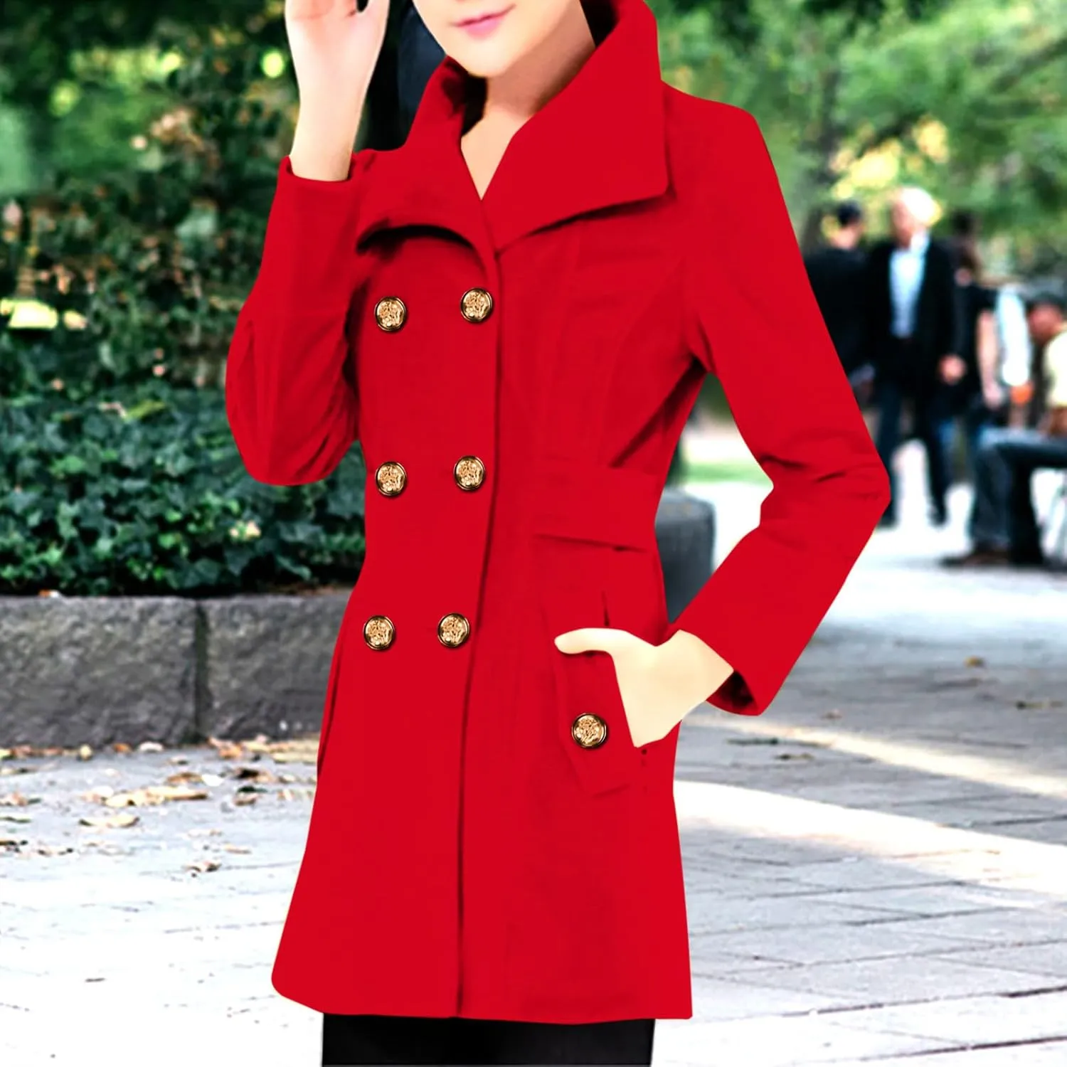 fartey 2024 Womens Winter Coats Casual Notch Lapel Mid-Long Trench Coat Wool Blend Warm Soft Pea Coat With Pockets