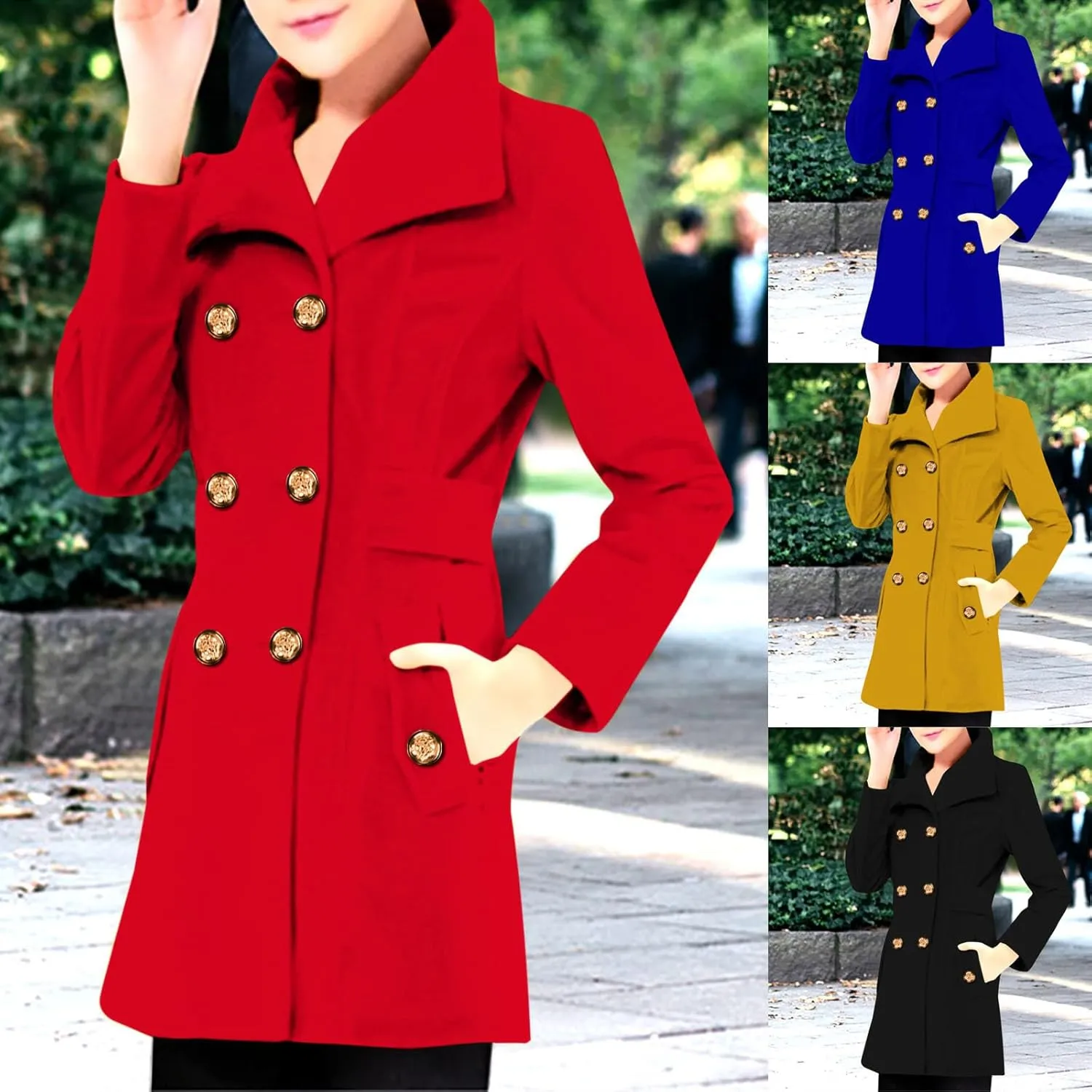 fartey 2024 Womens Winter Coats Casual Notch Lapel Mid-Long Trench Coat Wool Blend Warm Soft Pea Coat With Pockets