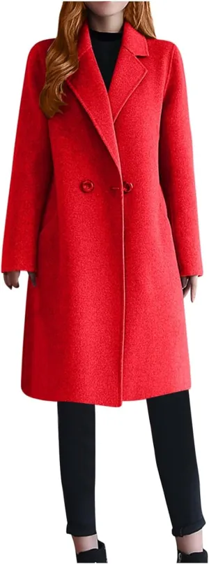 fartey Womens Winter Wool Coats Casual Oversized Long Overcoats Thicken Warm Notch Lapel Trench Coats Jackets Outwear