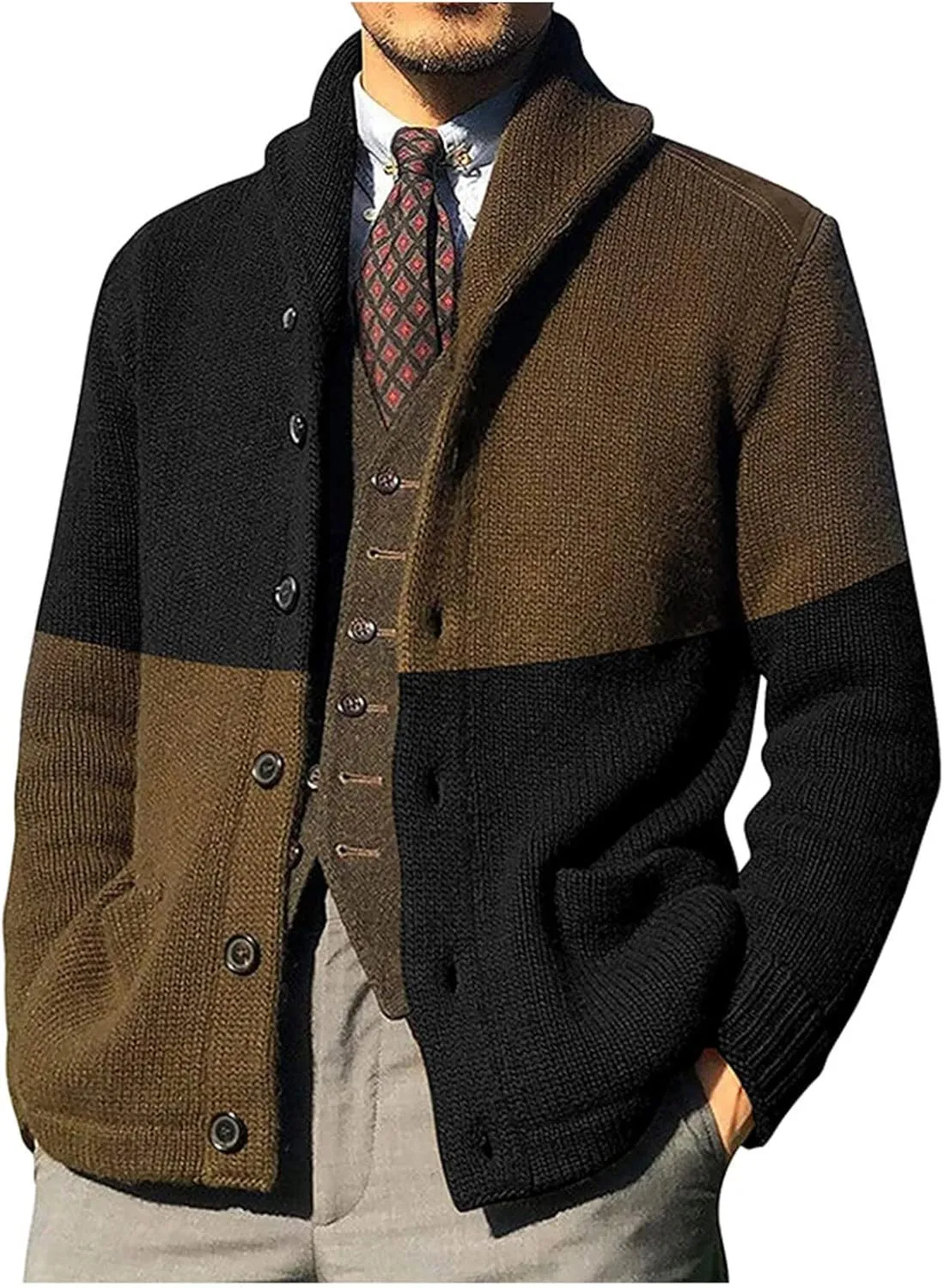 Fashion Jackets for Men Cardigan Sweaters Casual Shawl Long Sleeve Color Block Button Up Knited Coats