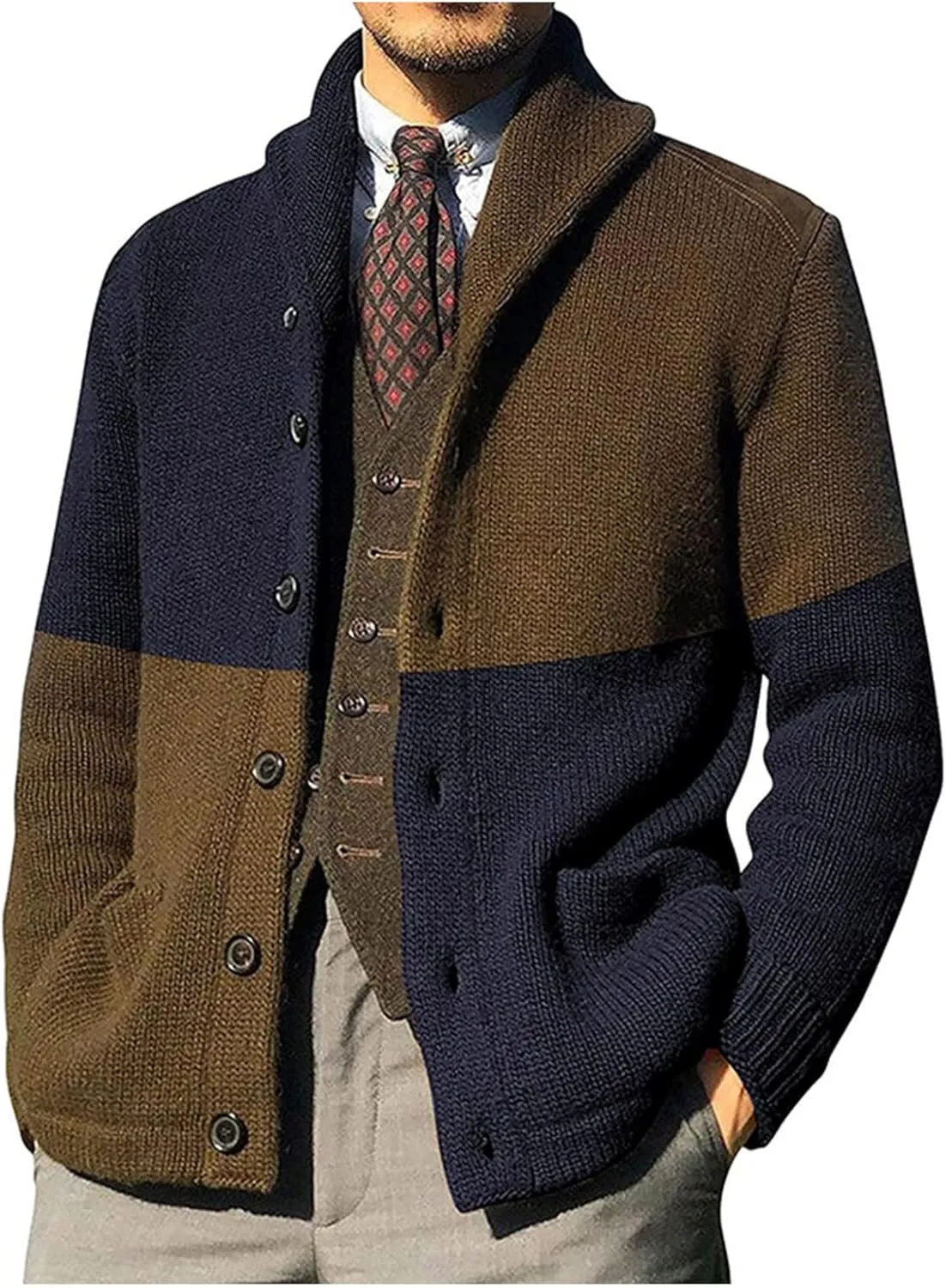Fashion Jackets for Men Cardigan Sweaters Casual Shawl Long Sleeve Color Block Button Up Knited Coats