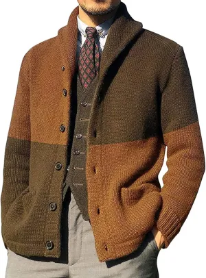 Fashion Jackets for Men Cardigan Sweaters Casual Shawl Long Sleeve Color Block Button Up Knited Coats