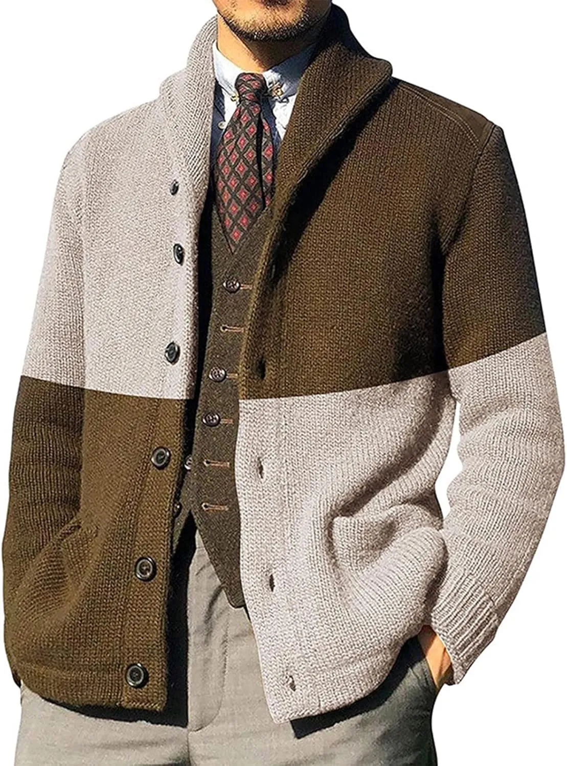 Fashion Jackets for Men Cardigan Sweaters Casual Shawl Long Sleeve Color Block Button Up Knited Coats