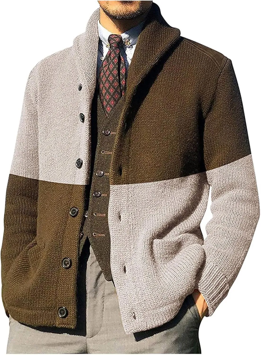 Fashion Jackets for Men Cardigan Sweaters Casual Shawl Long Sleeve Color Block Button Up Knited Coats