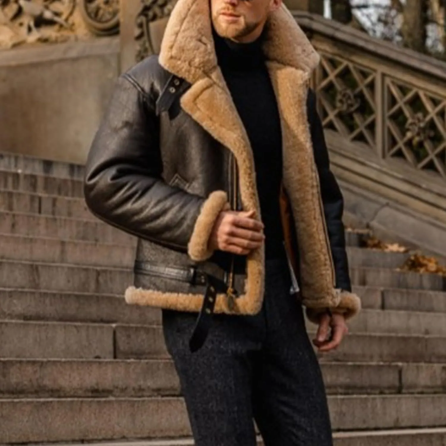 Faux Leather Shearling Jacket Men Fleece Sherpa Lined Winter Coat Heavyweight Button Up Motorbike Bomber Jacket Pocket
