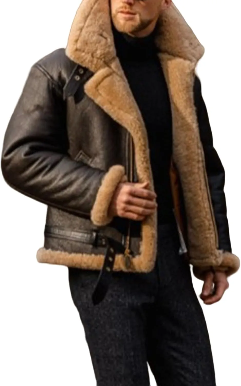 Faux Leather Shearling Jacket Men Fleece Sherpa Lined Winter Coat Heavyweight Button Up Motorbike Bomber Jacket Pocket