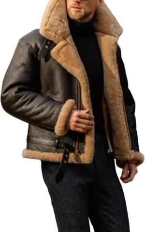 Faux Leather Shearling Jacket Men Fleece Sherpa Lined Winter Coat Heavyweight Button Up Motorbike Bomber Jacket Pocket