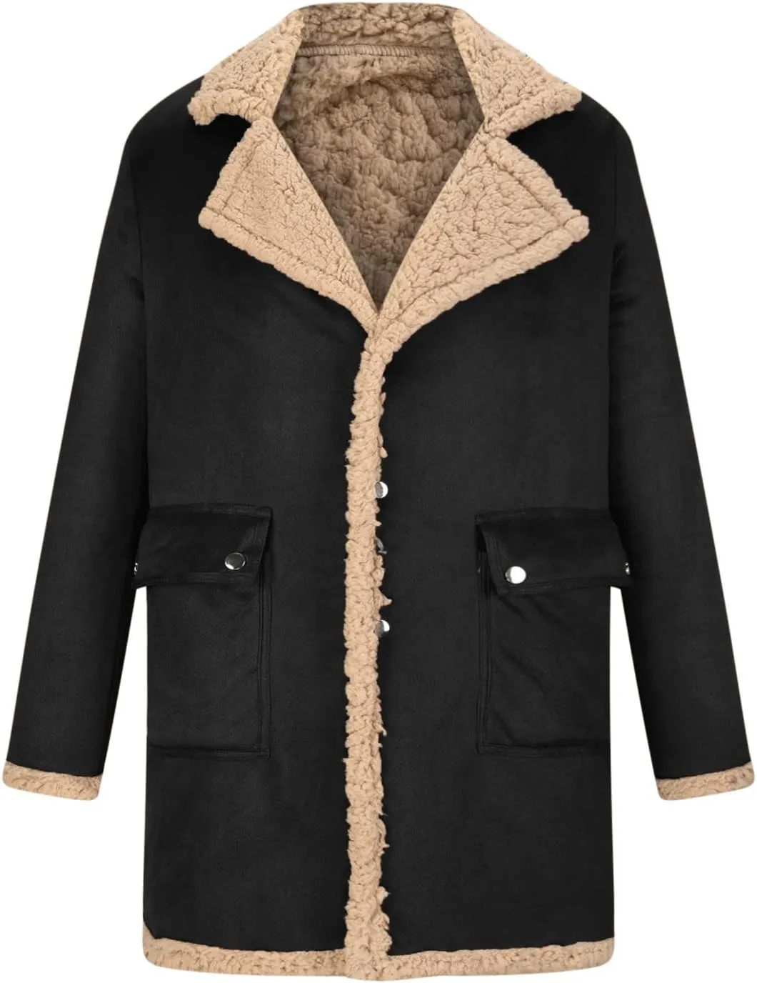 Faux Shearling Jacket Cardigan for Men's Winter Fur Lined Warm Notch Lapel Coat Vintage Sherpa Button Up Trench Coat