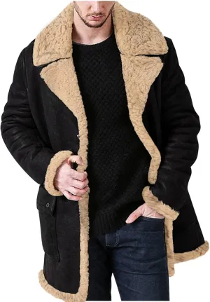 Faux Shearling Jacket Cardigan for Men's Winter Fur Lined Warm Notch Lapel Coat Vintage Sherpa Button Up Trench Coat