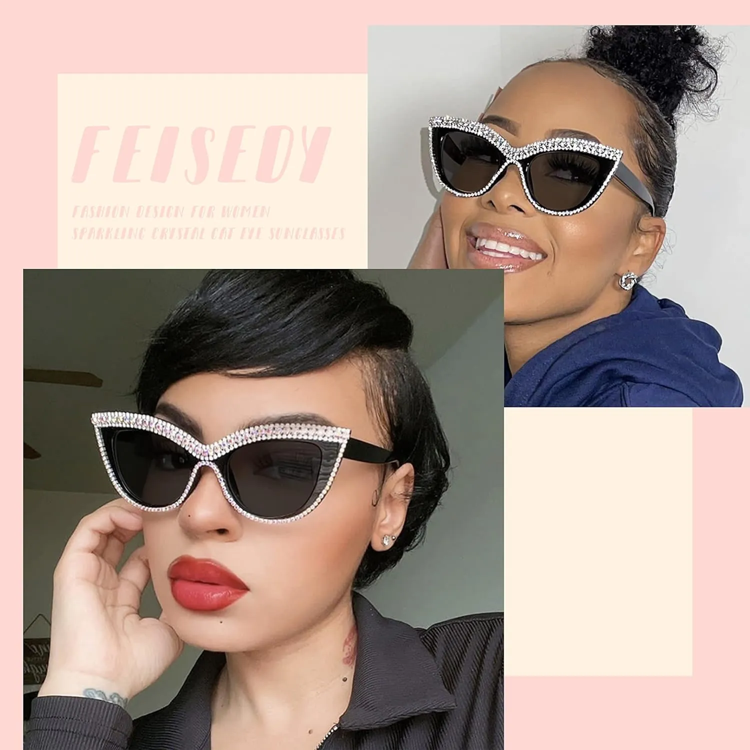 FEISEDY Women Oversized Diamond Sunglasses Fashion Cat Eye Rhinestone Sunglasses Jeweled Frame Costume Party B2360