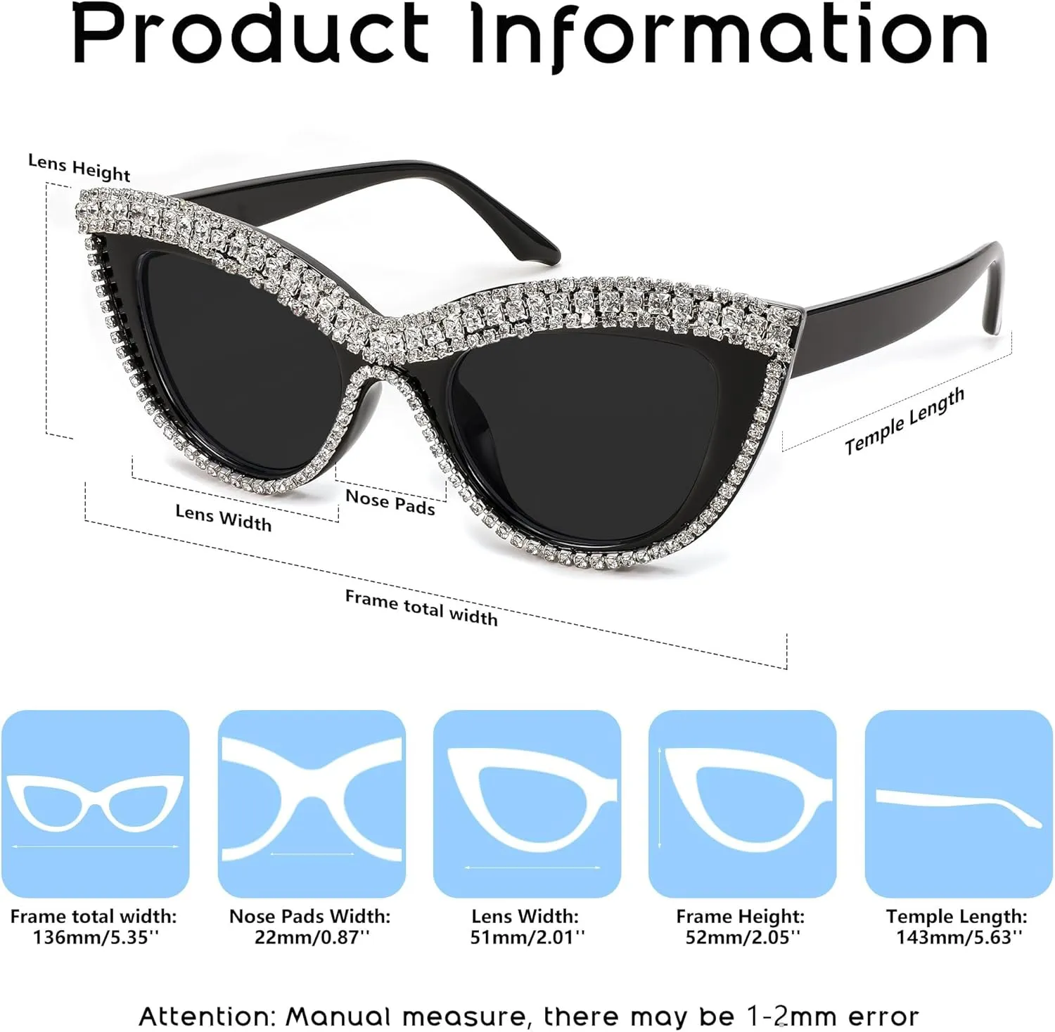 FEISEDY Women Oversized Diamond Sunglasses Fashion Cat Eye Rhinestone Sunglasses Jeweled Frame Costume Party B2360