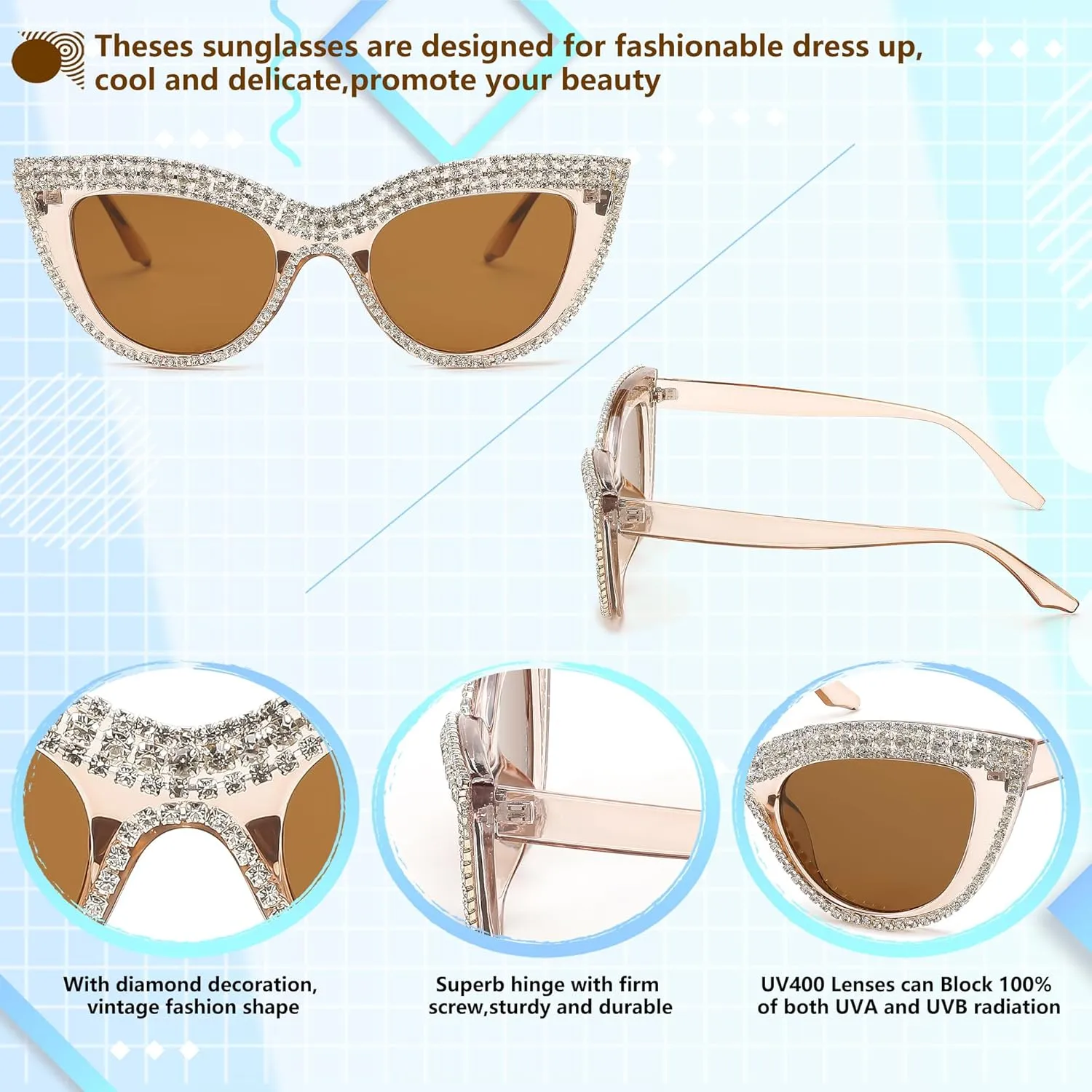 FEISEDY Women Oversized Diamond Sunglasses Fashion Cat Eye Rhinestone Sunglasses Jeweled Frame Costume Party B2360
