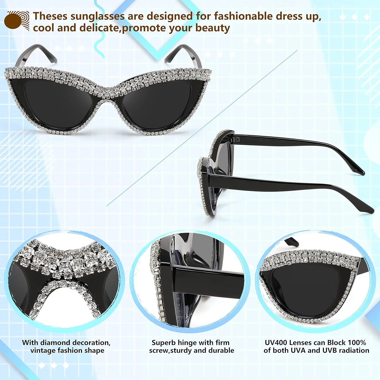 FEISEDY Women Oversized Diamond Sunglasses Fashion Cat Eye Rhinestone Sunglasses Jeweled Frame Costume Party B2360