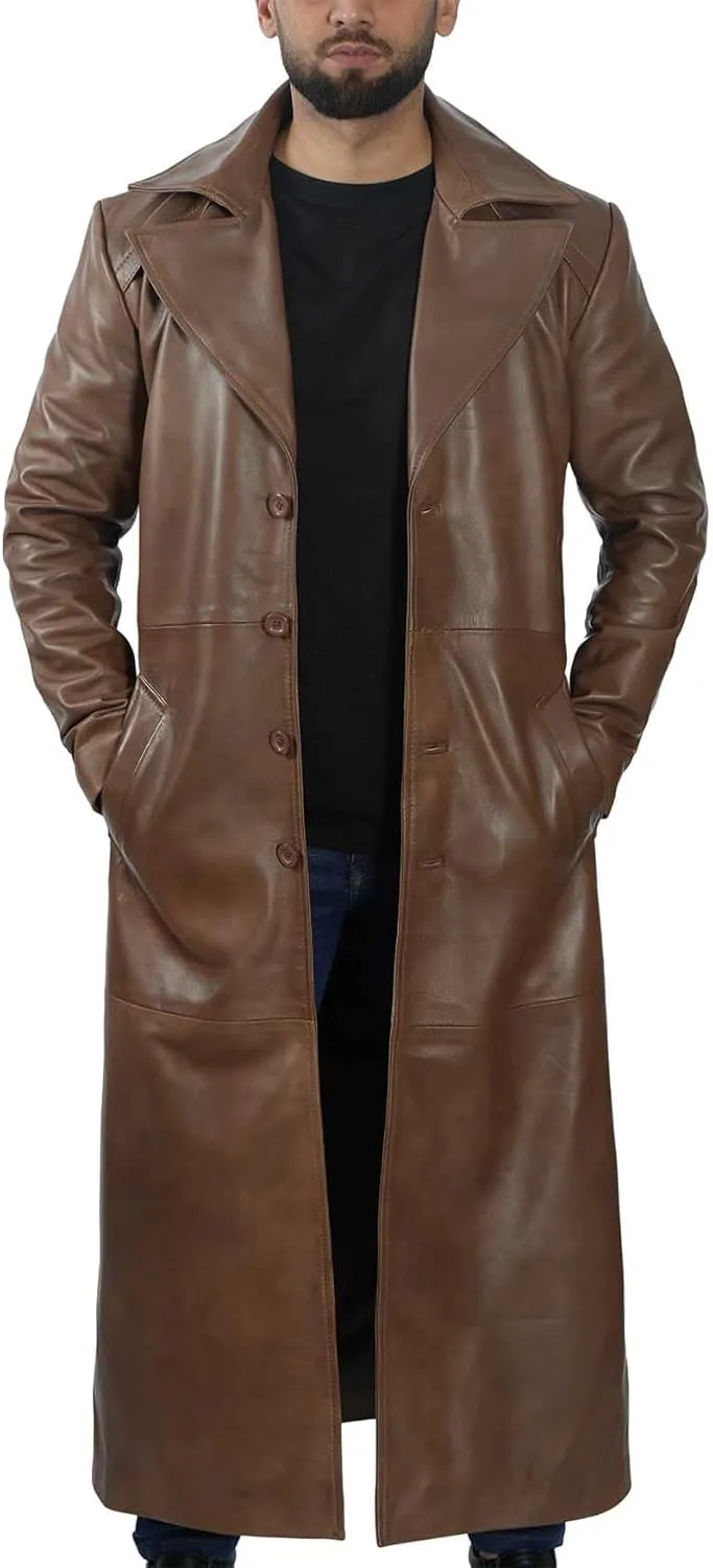 fjackets Leather Long Coat Men Full Length Peacoat Mens - Real Lambskin Leather Trench Coats For Men