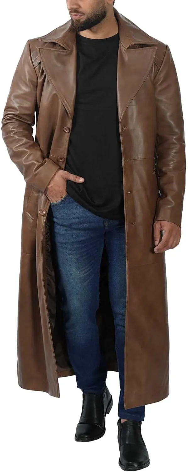 fjackets Leather Long Coat Men Full Length Peacoat Mens - Real Lambskin Leather Trench Coats For Men