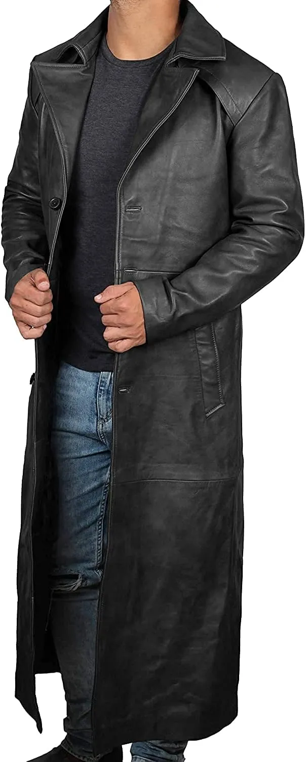 fjackets Leather Long Coat Men Full Length Peacoat Mens - Real Lambskin Leather Trench Coats For Men