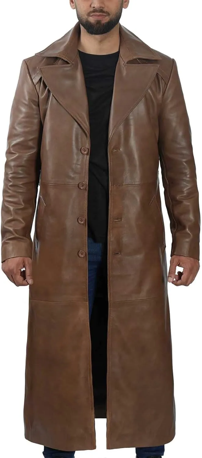 fjackets Leather Long Coat Men Full Length Peacoat Mens - Real Lambskin Leather Trench Coats For Men