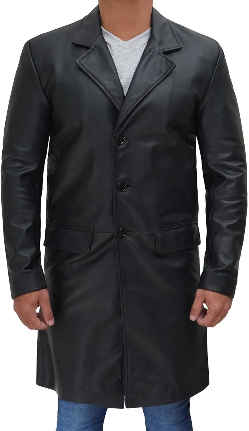fjackets Leather Long Coat Men Full Length Peacoat Mens - Real Lambskin Leather Trench Coats For Men