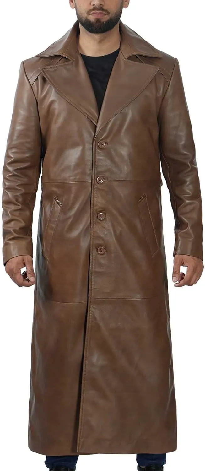 fjackets Leather Long Coat Men Full Length Peacoat Mens - Real Lambskin Leather Trench Coats For Men