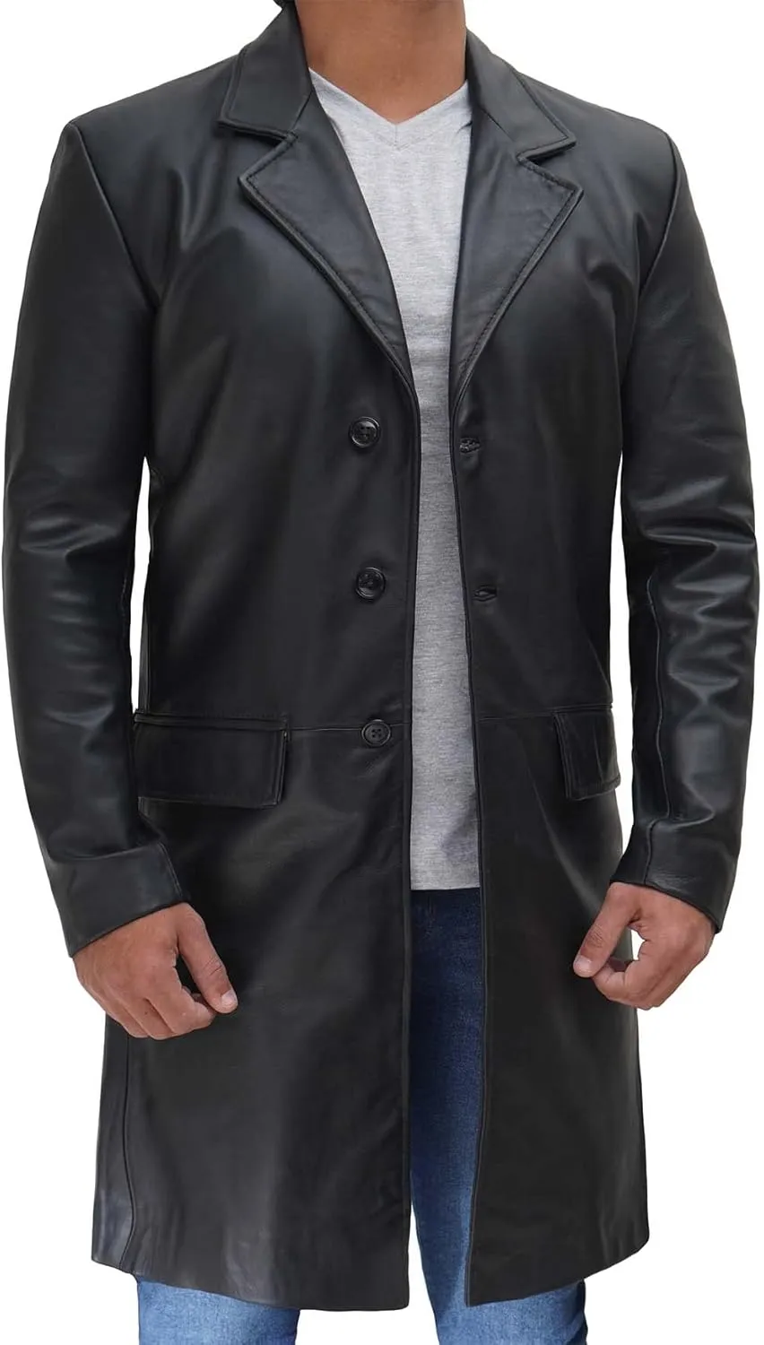 fjackets Leather Long Coat Men Full Length Peacoat Mens - Real Lambskin Leather Trench Coats For Men