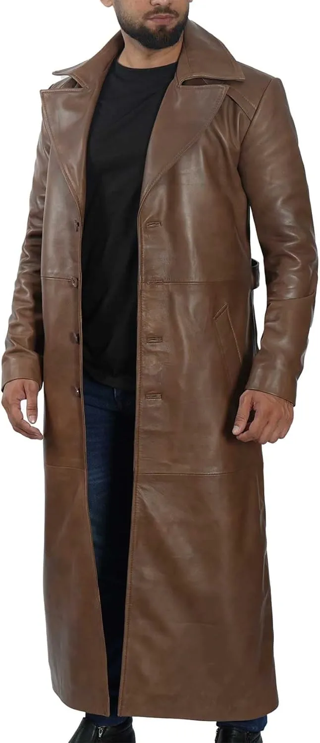 fjackets Leather Long Coat Men Full Length Peacoat Mens - Real Lambskin Leather Trench Coats For Men