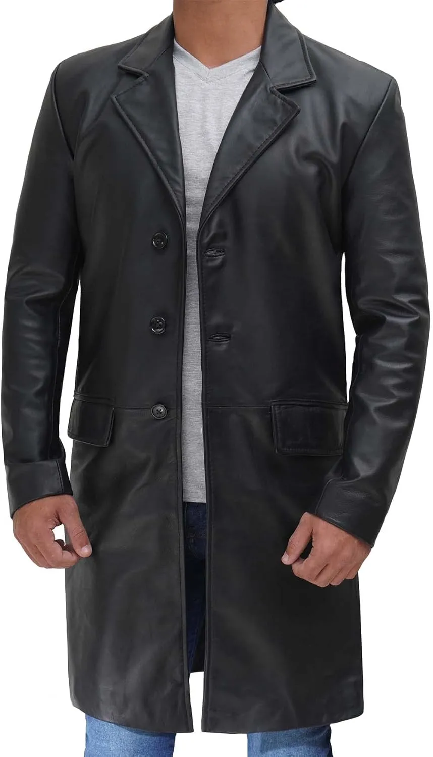 fjackets Leather Long Coat Men Full Length Peacoat Mens - Real Lambskin Leather Trench Coats For Men