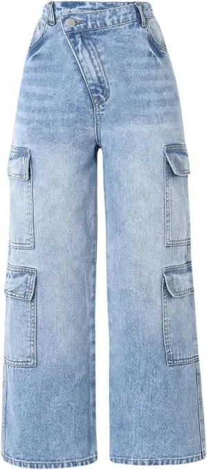 Floerns Girl's High Waisted Straight Leg Cargo Jeans Stretch Baggy Denim Pants