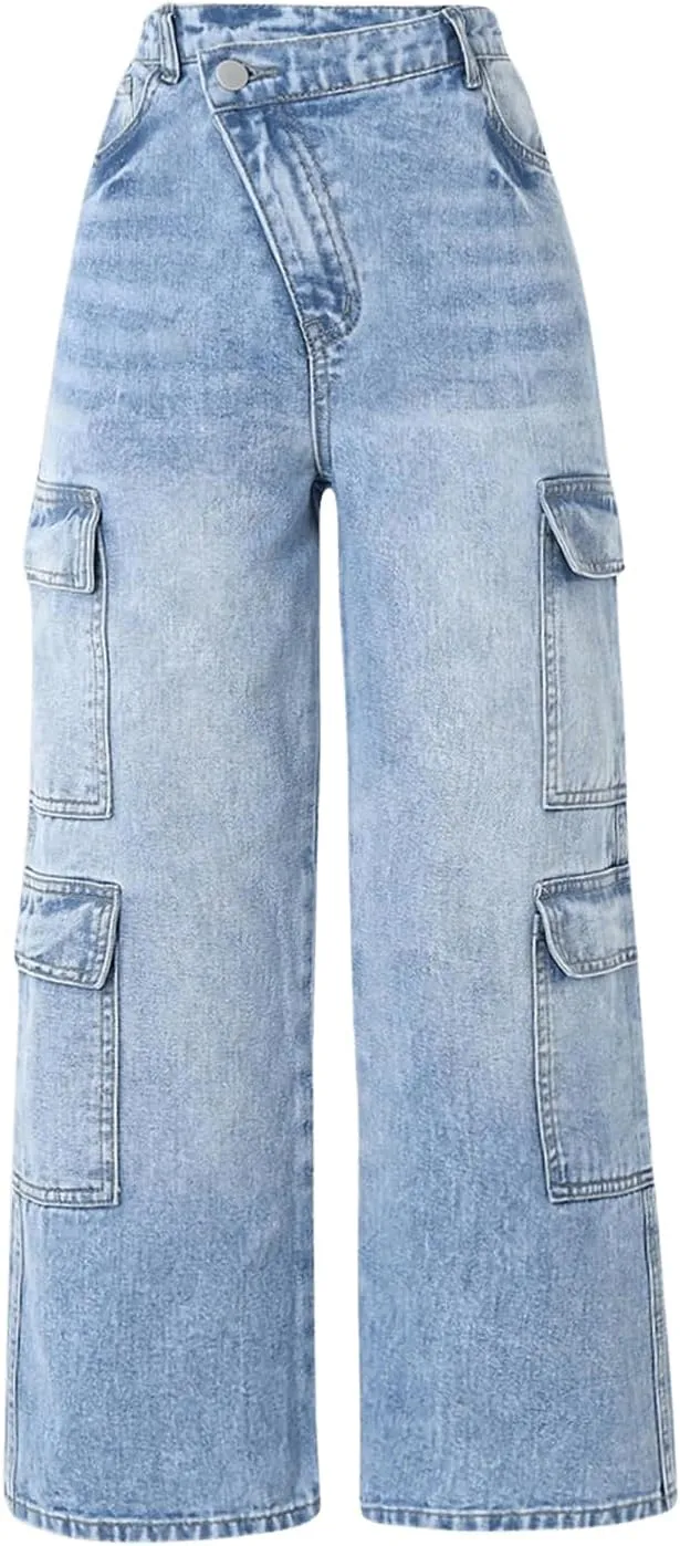 Floerns Girl's High Waisted Straight Leg Cargo Jeans Stretch Baggy Denim Pants